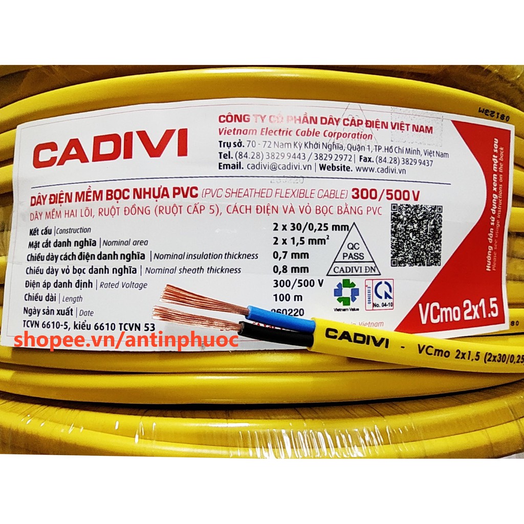 Dây điện Cadivi, dây đôi mềm dẹt VCmo 2x1.5mm - Thiết Bị Điện Nước